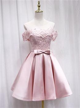 Picture of Pink Satin Off Shoulder Lace Top Homecoming Dresses, Pink Gradaution Dress